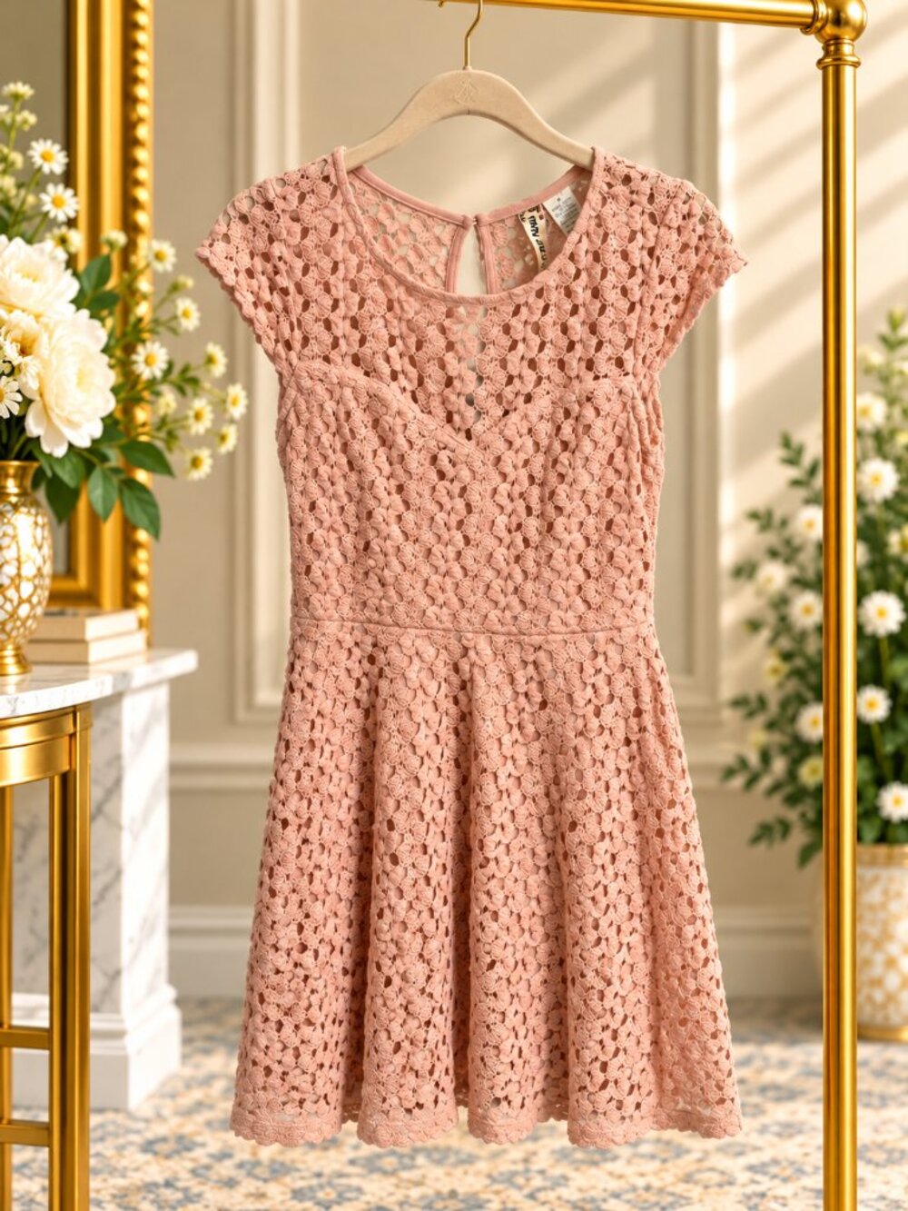 Mini Chica Blush Pink Floral Crochet Lace Fit & Flare Dress Size Small
